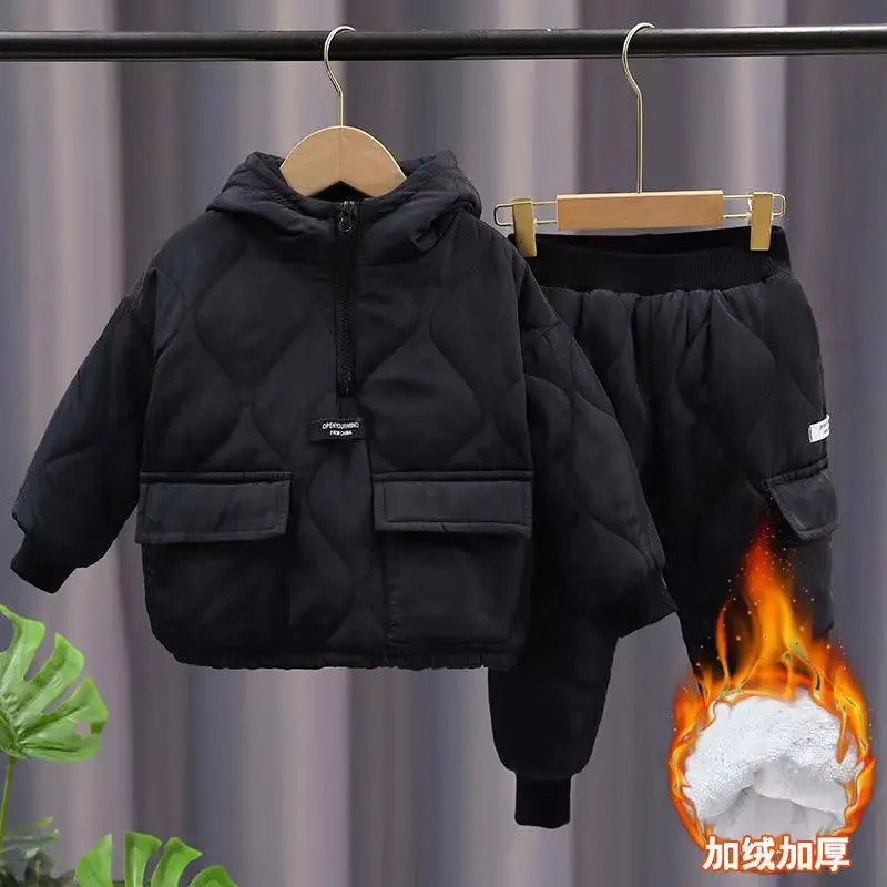 Winter Children Clothes Sets Kids Boys Girls Hooded Warm Cotton Velvet Pullover Coats OuterwearPants 2Pcs Snowsuits 1-8Y 241106