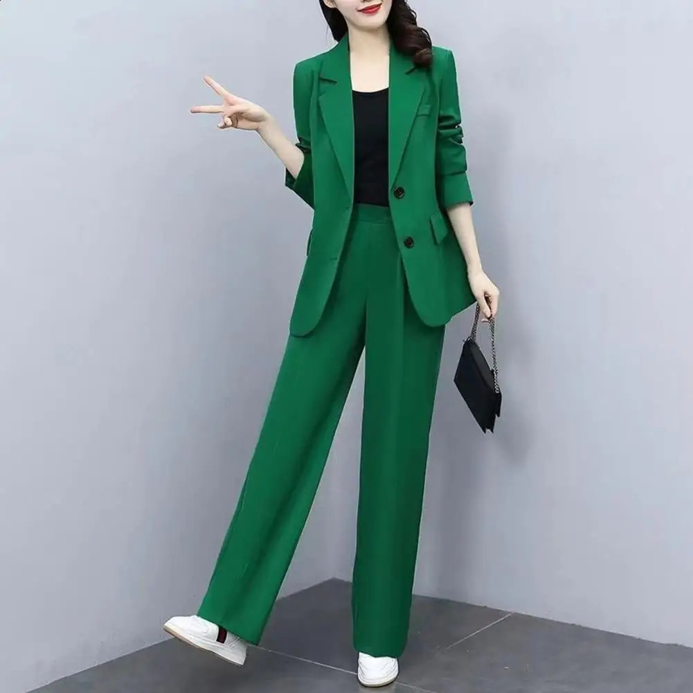 2 PcsSet Autumn Women Coat Pants Suit Formal Business Style Lapel Button Clre Twopiece Set Long Sleeve Wide Leg Lady Outfit 241105