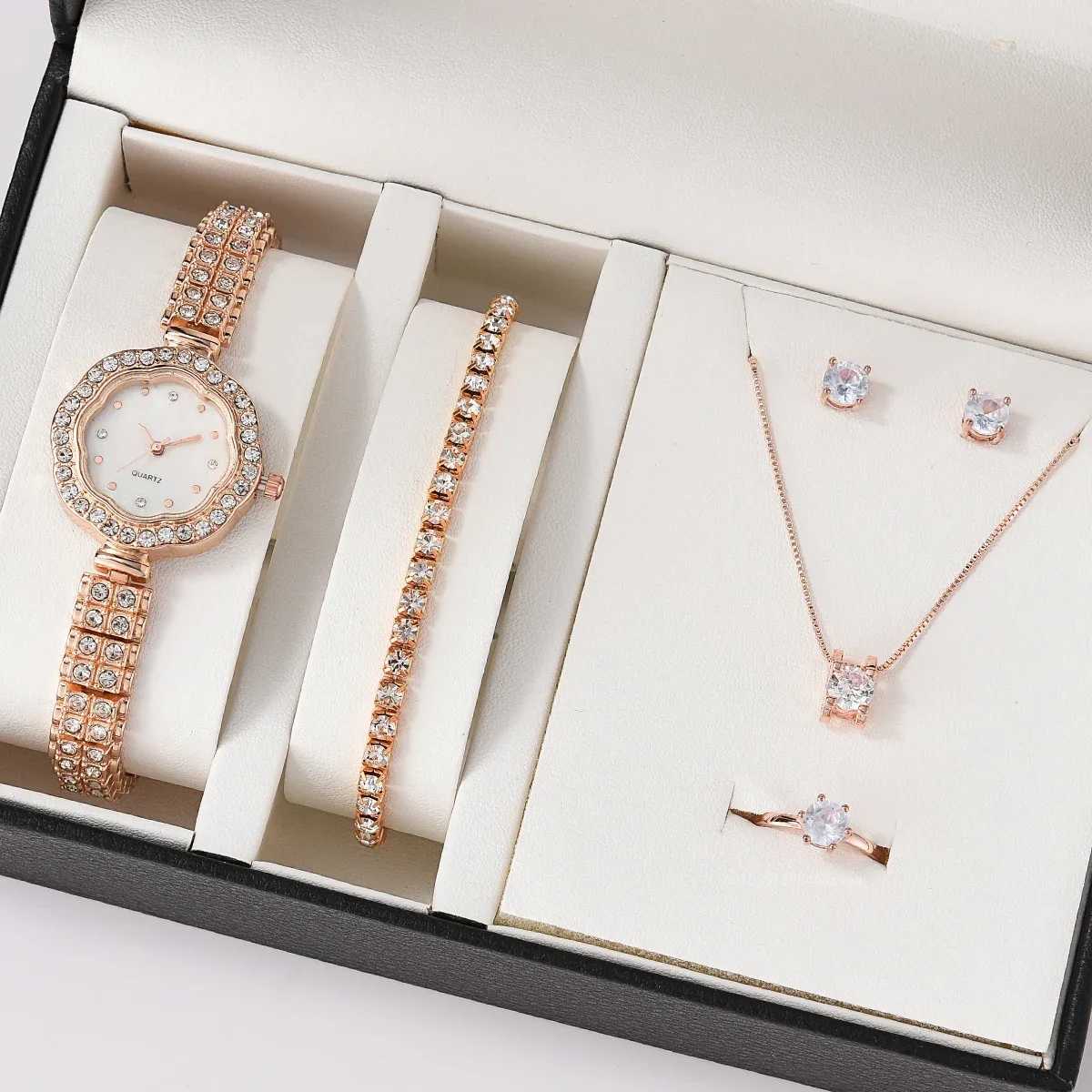 6 pieces/set of jewelry set luxurious quartz watch with stainless steel strap clock rhinestone ring necklace earrings (without box) X241106
