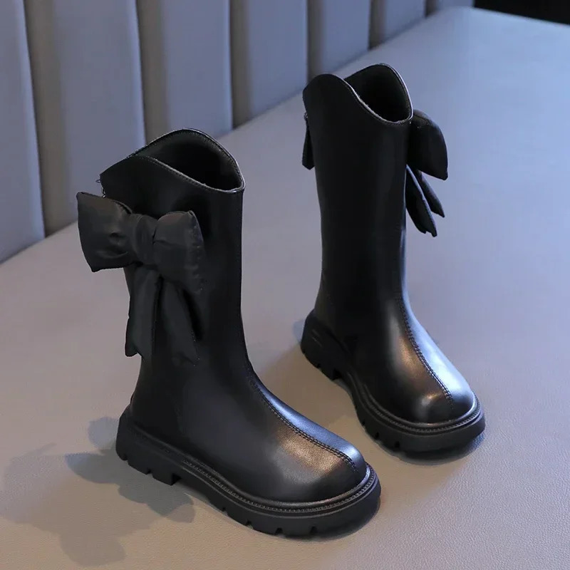 Girls Long Boots Black Pu Leather Bowtie Chunky Fashion Children Winter Boot Warm Bowknot Round Toe Knee-high Kids Shoes 27-37 241106