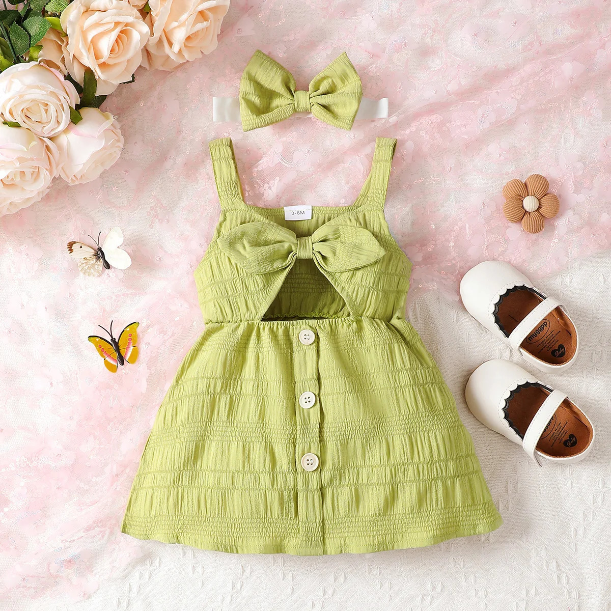 Toddler Summer Baby Girls Dress Green Sling Bow Hollow Dresses Elegant Infant Fashion Girl Party Princess 240322