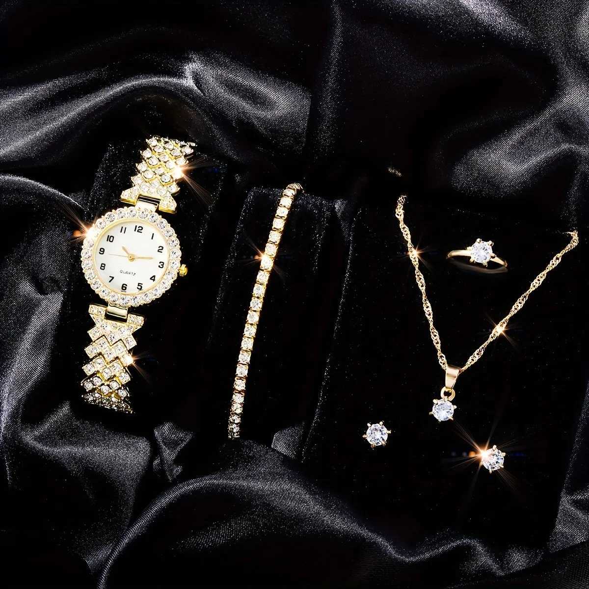 1 rhinestone decorated quartz analog watch and 5 jewelry sets Childrens Day gift X241106