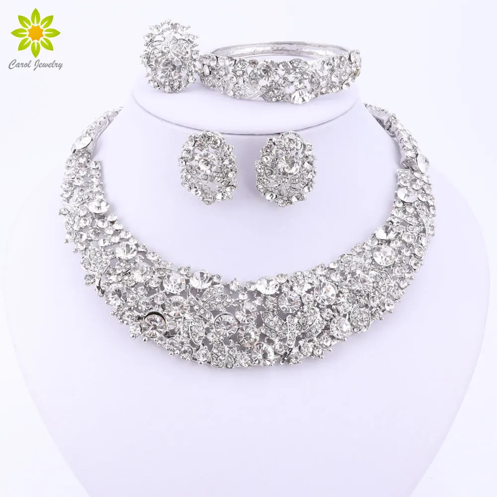 Nigeria Wedding African Bead Jewelry Set Crystal Necklace Set Silver Jewelry Set Wedding Accessories 241106