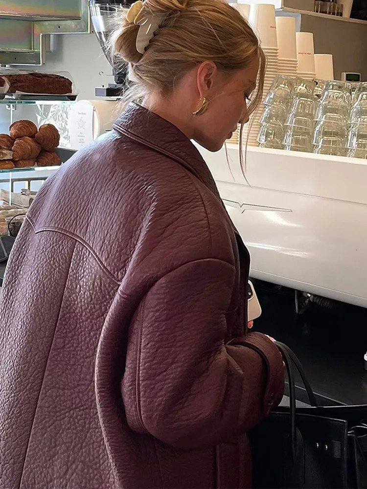 Fashion Double Breasted Burgundy Color Lychee Leather Jackets Women Chic Cropped Oversized Solid Coats Lady High Streetwear 2024 241106
