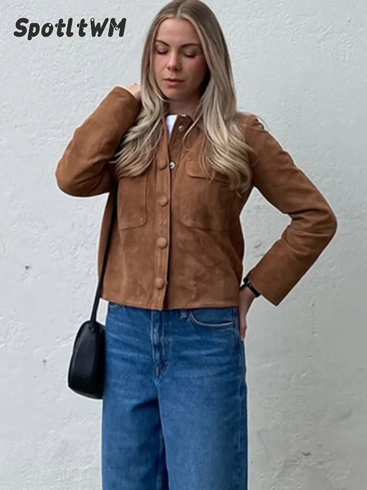 Fashion Brown Slim Fit Suede Short Jackets Womens Vintage Single Breasted Long Sleeves Cropped Coats Chic Lady Autumn Outerwear 241106