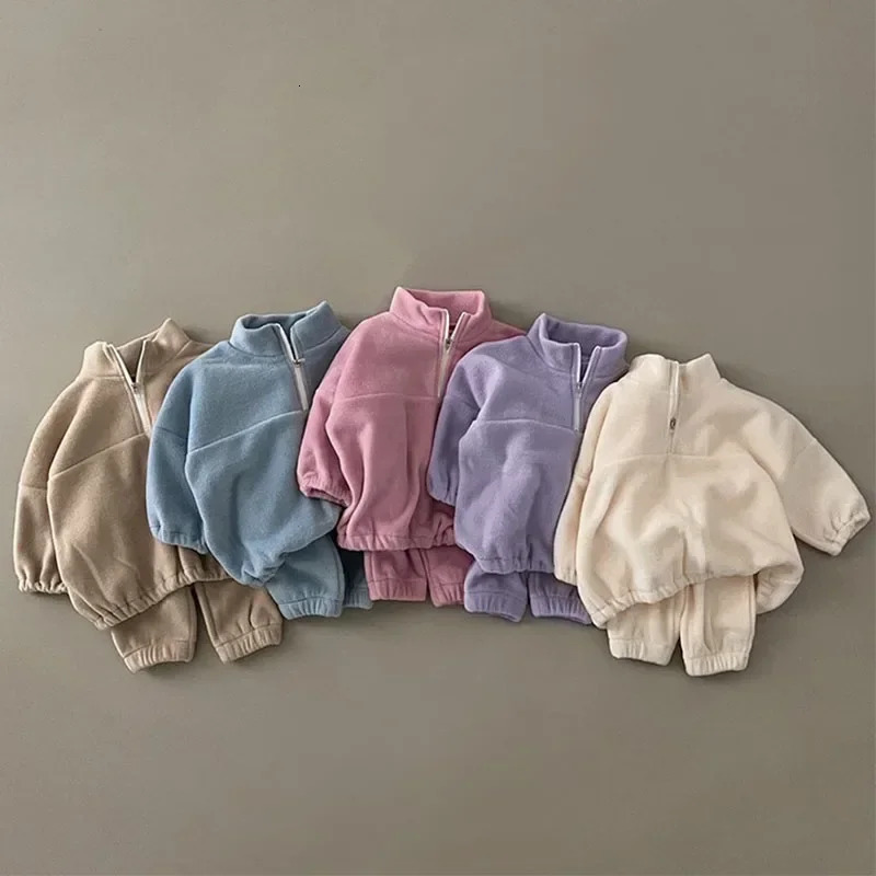 Winter Baby Clothes Sets Girls Boys CoatsPants 2Pcs Sports Suits Solid Color Thicken Fleece Warm Toddler Casual Tracksuit 241106