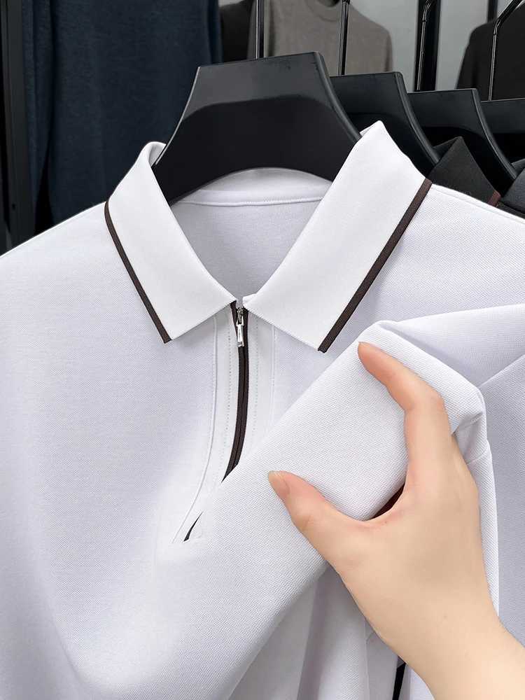 High end brand long SVE shirt mens autumn luxury silk cotton half zipper lapel T-shirt fashionable casual mens clothing W241106