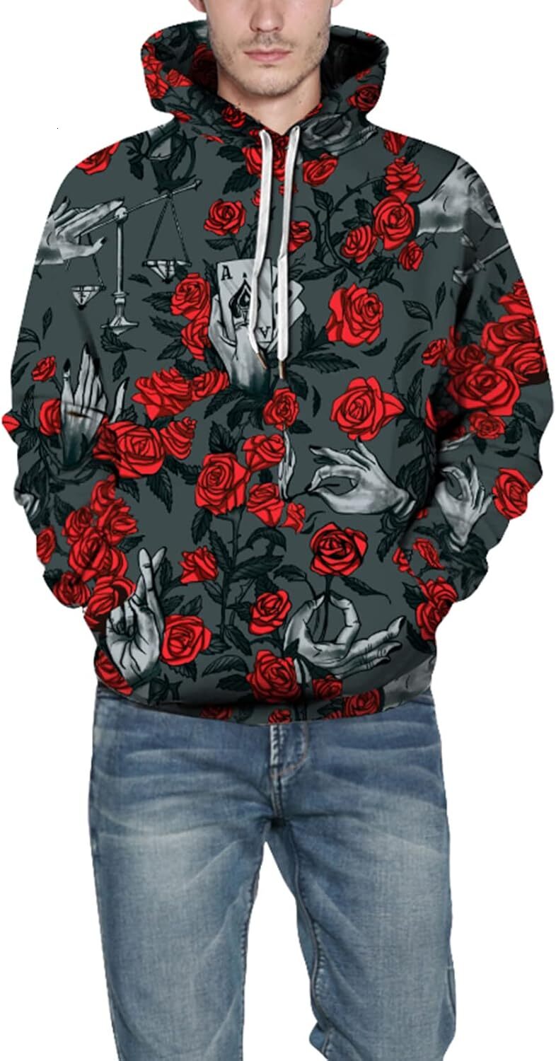 Hoodie for Mens Womens Mens Hoodies Novelty 3D Funny Printed Graphic Pullover Hoodie Sweatshirts with Pockets Graphic Hoodies sweatshirt rose
