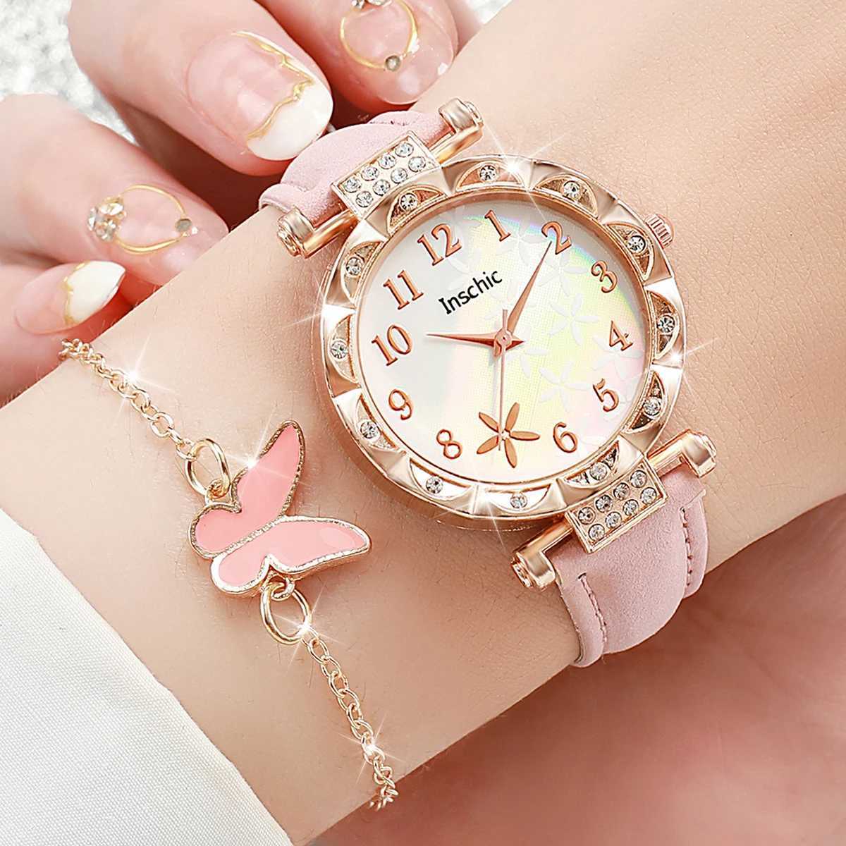 6-piece/set temperature watch fashionable floral leather strap simulated quartz watch jewelry set (no box) X241106