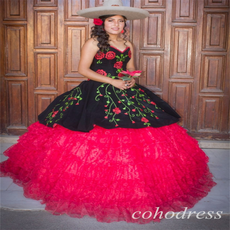 Luxury Black Mexican Quinceanera Dresses Charro Sweetheart Lace Ball Gown Vestidos De 15 Xv Anos Debutante Corset Embriodery Vestio De Novia Sweet 16 