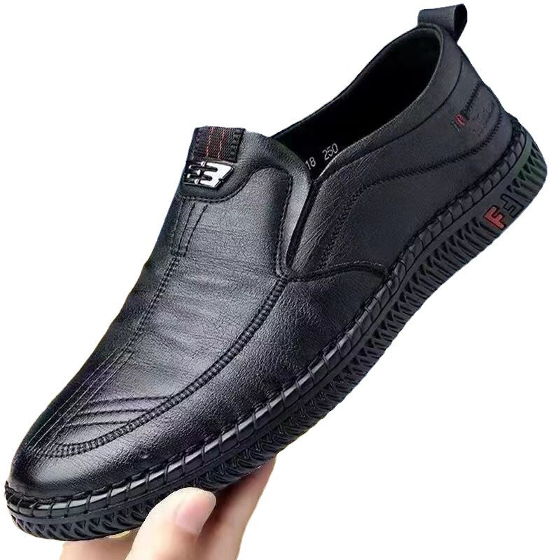Casual Breathable And Versatile In Spring, Men's Leather With Soft Soles, Comfortable To Step On, Work Shoes, Low Cut, Trendy, Bean Shoes