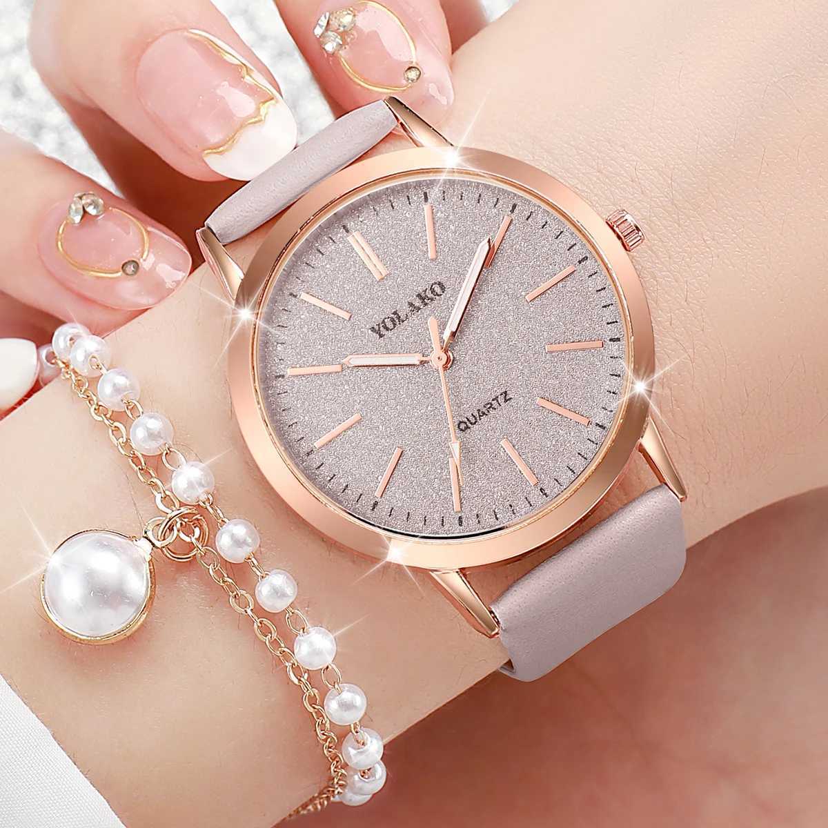 5-piece Wens Watch Fashion Matte Dial Leather Strap Quartz Watch Pearl Jewelry Set (No Box) X241106