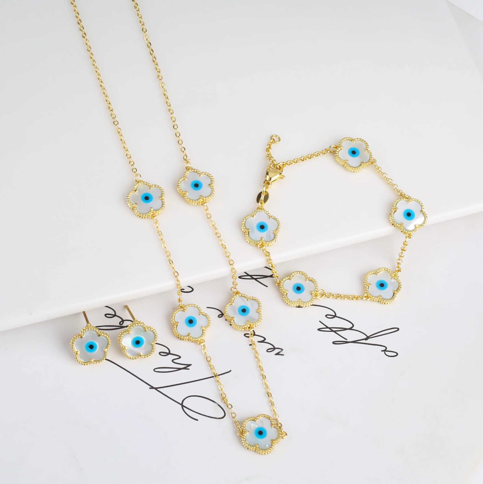 New Shell Natural Stone Flower Eye Bracelet Necklace Earrings Jewelry Set High Quality Creative Luxury Wens Hip Hop Style X241106