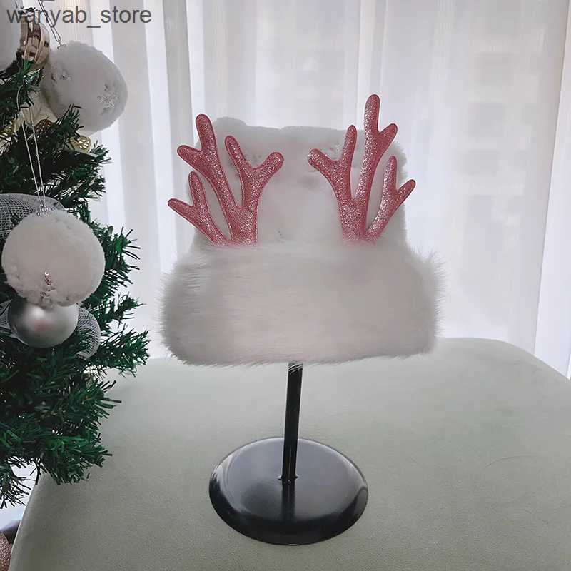 Wide Brim Hats Bucket Hats Plush Christmas Hats for Adults Glitter Snowflake Embroidered Santa Claus Hat with Antlers L240910