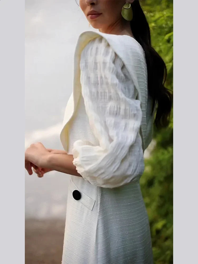 Elegant Solid Ruffled Hem Midi Dress For Women Chic Round Neck Long Lantern Sleeve Vestidos Spring Female Party Fashion Robe 240325