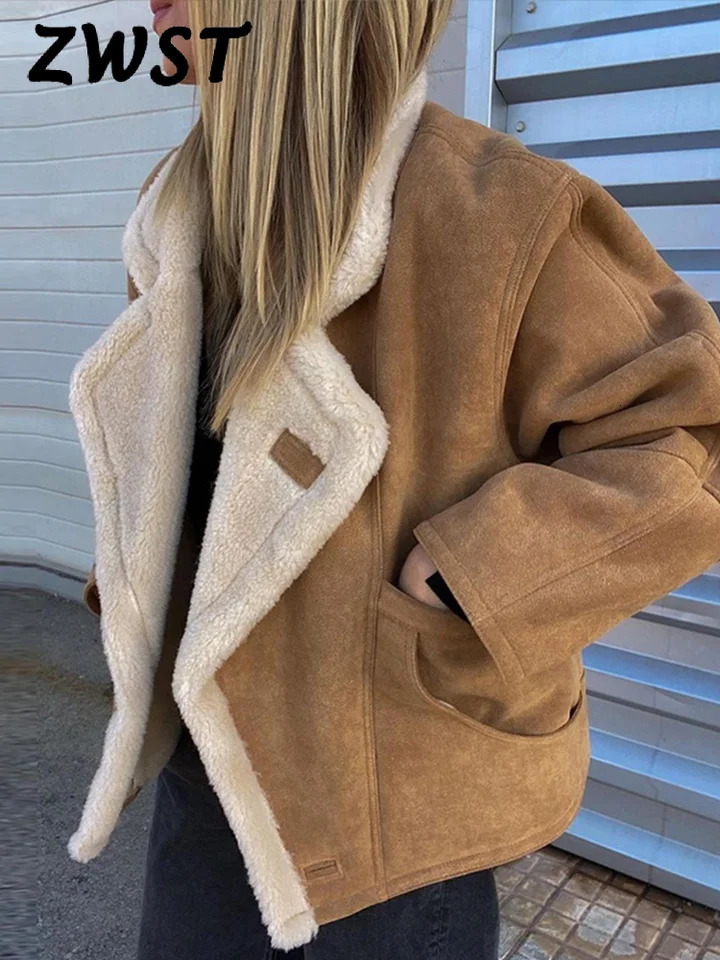 Fashion Lamb Wool Women Coat Patchwork Full Sleeve Lapel Female Jacket 2024 Elegant Winter Warm Thicken Pocket Lady Overcoat 241106