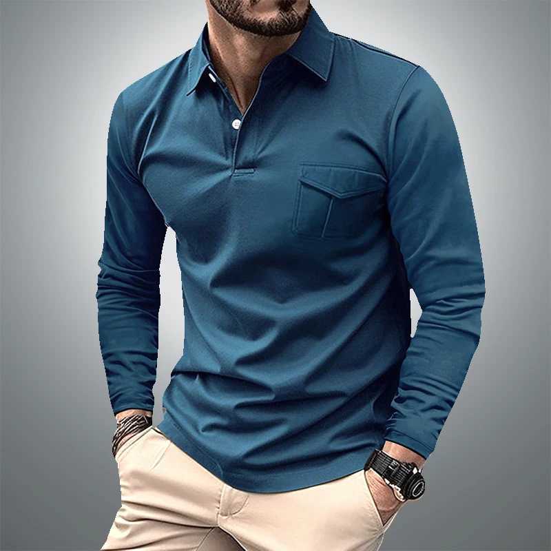 Spring/Summer Mens Long Sved Business Shirt Casual Collar Pocket Solid Color T-shirt European and American Plus Size W241106
