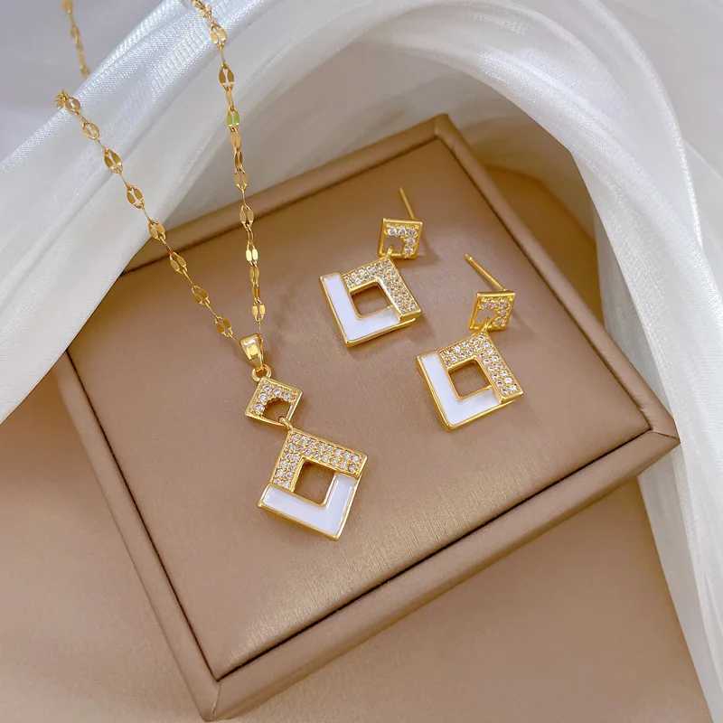 Stainless steel Austrian crystal enamel square pendant jewelry set African clothing jewelry Maxi necklace earring set X241106