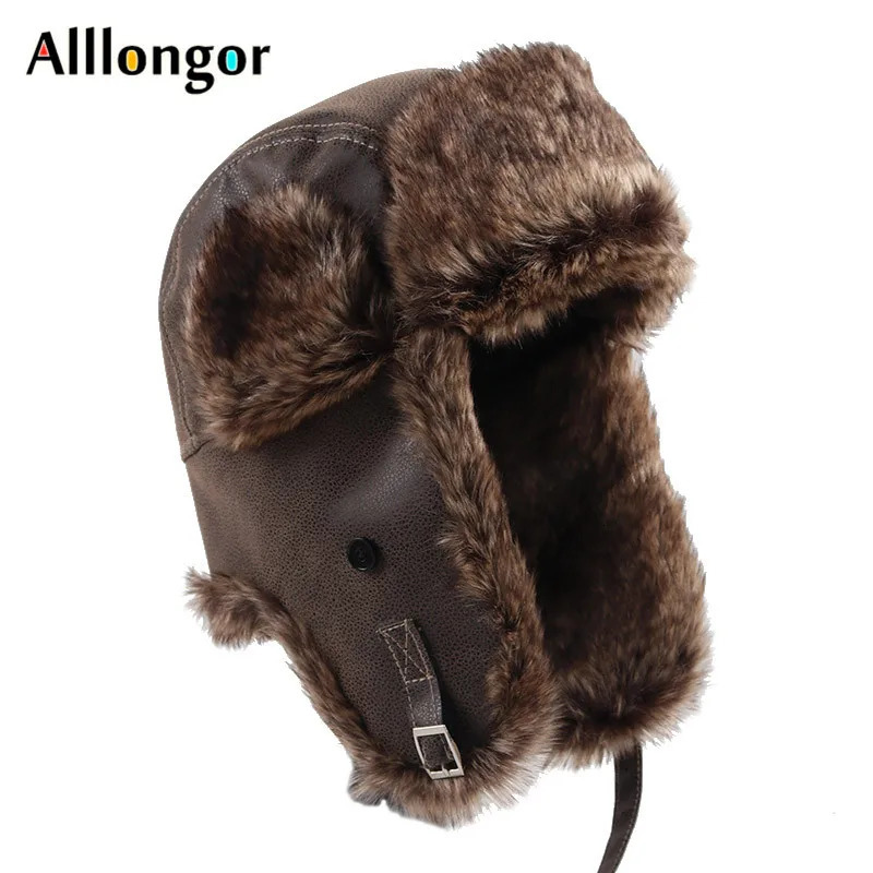 Russian mens winter hat with earmuffs Ushanka warm Pu leather earmuffs bomber hat faux fur snow hat pilot hunting hat 241106