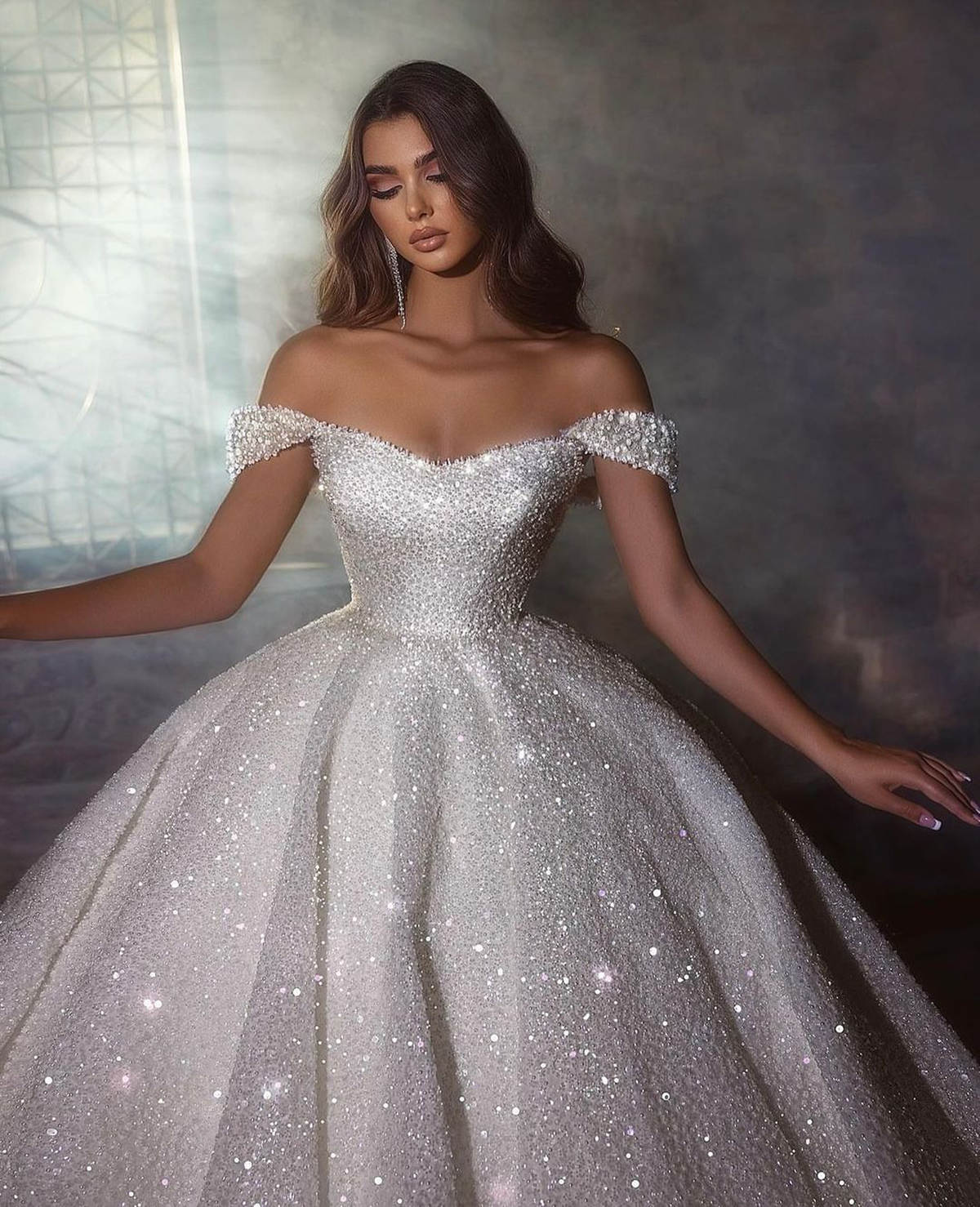 Vintage Princess Ball Gown Wedding Dresses Sparkly Sequined Off Shoulder Beading Bridal Gowns Sweep Train Custom Made Bride Dres