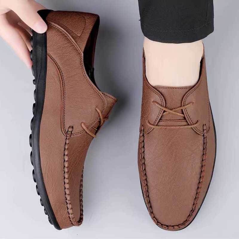 Large Size Microfiber Lace Up Loafers, 2024 Autumn And Winter New Style Fashionable Bean Shoes, Classic Men's Leather Shoes