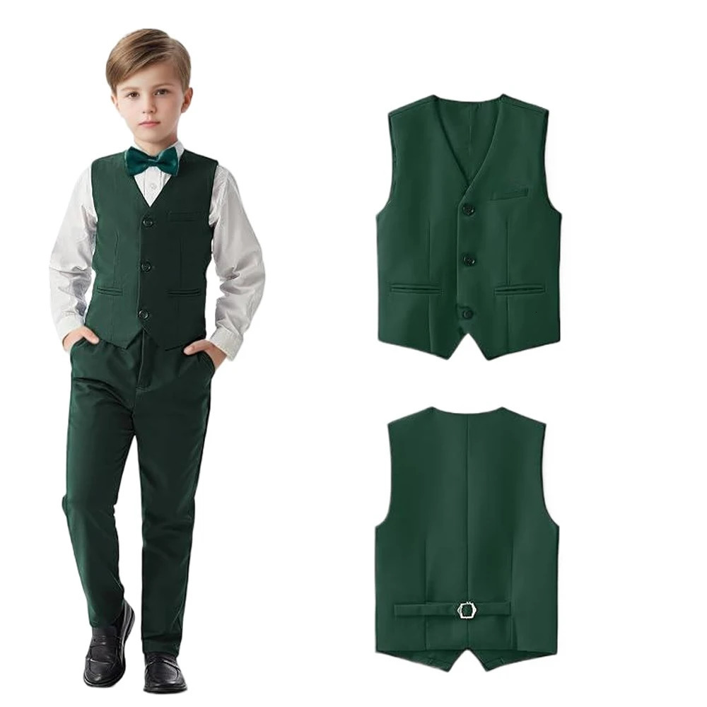 Child Green Solid Color Dress Suit Set Boys Performance Wedding Birthday Pography Costume Kid Blazer Vest Pants Bowtie Outfit 241106