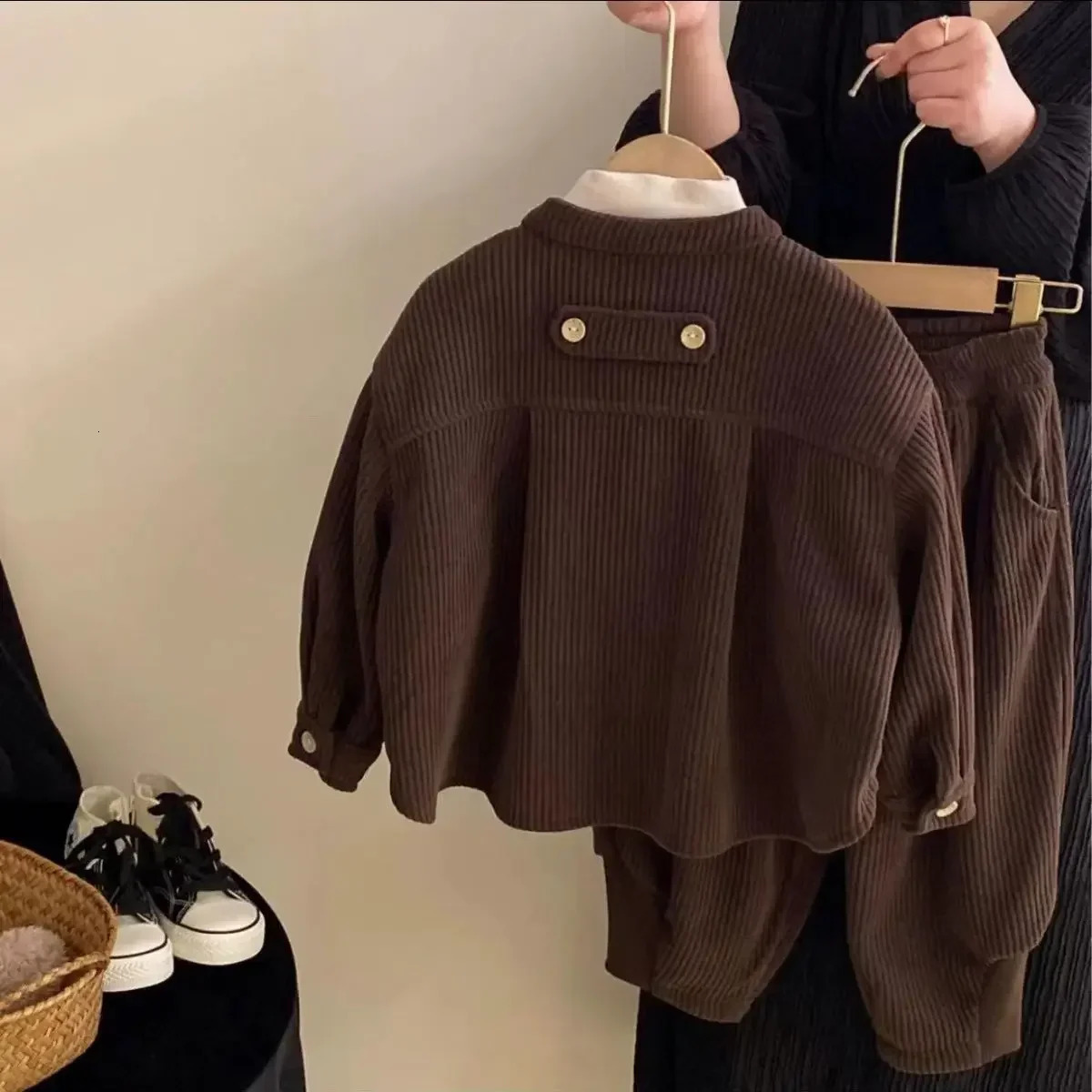 Boys Girls Korean Corduroy Stand Up Collar Single Breasted Top Pants Spring Autumn Set Childrens Casual Two-piece Set Clothing 241106