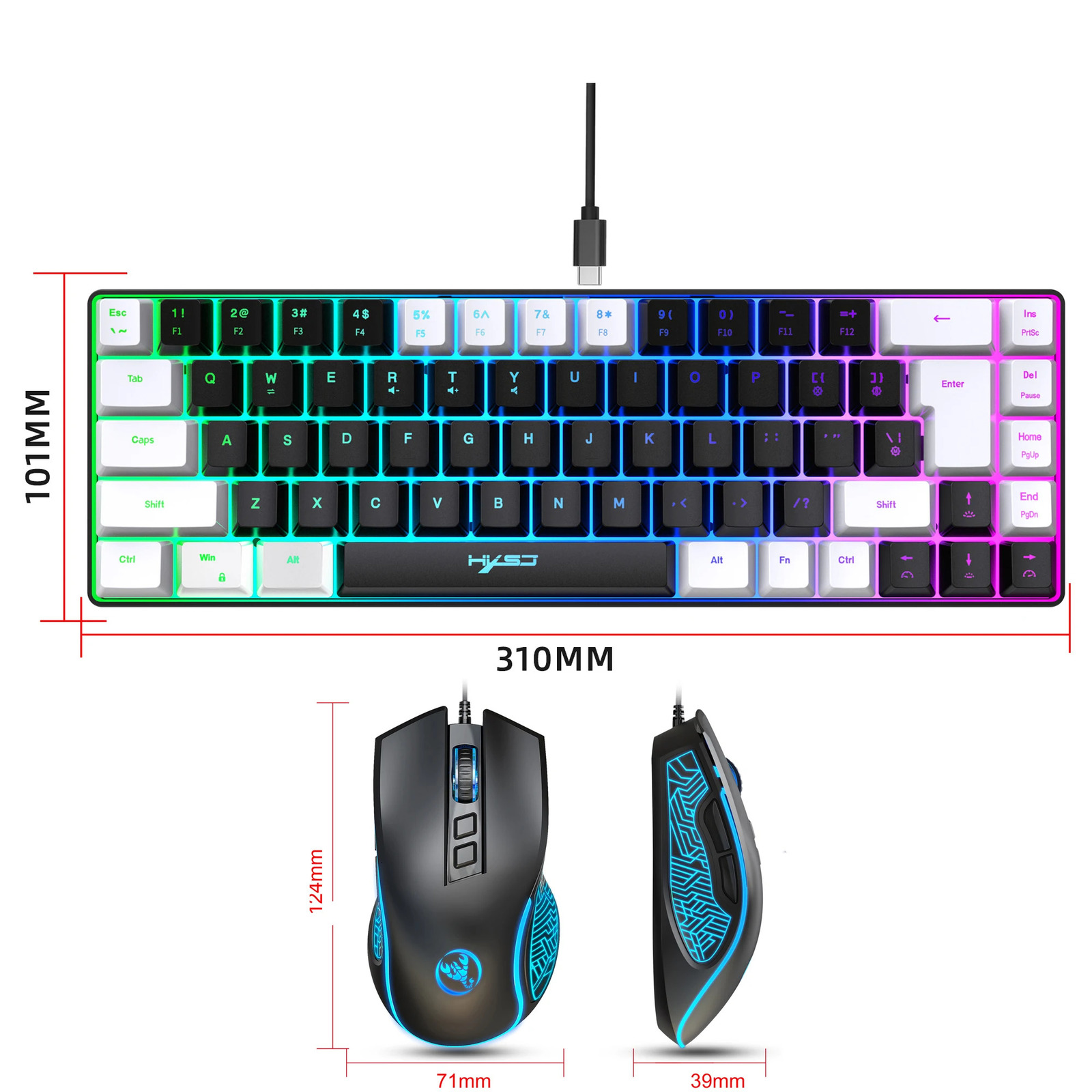 The latest HXSJ mini V200 68 key mechanical induction keyboard compact RGB illuminated gaming mouse and PC gaming keyboard combination for 2024 241106