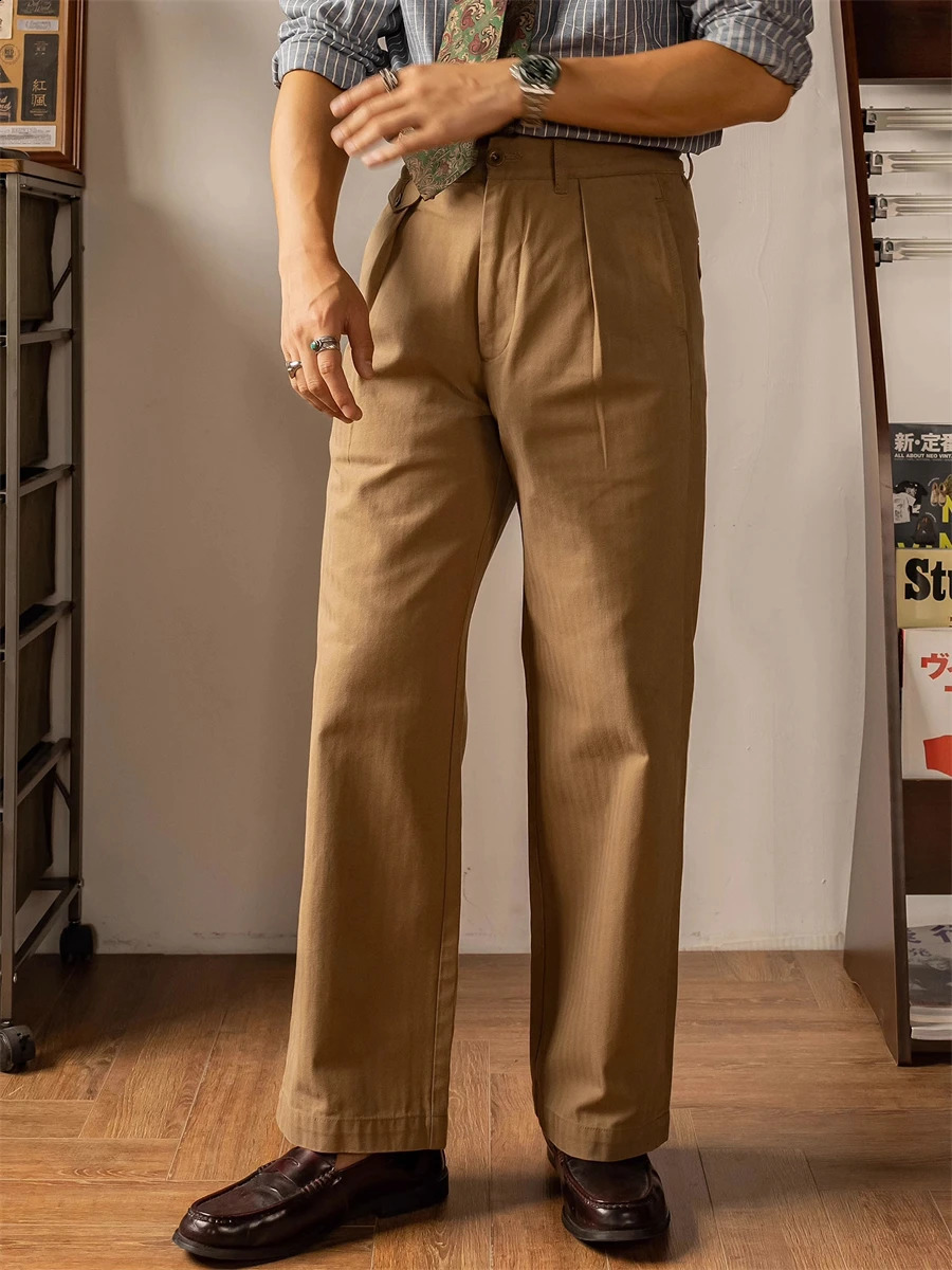 Red Tornado HBT Officers Trousers High Rise Wide Leg Pleated Pants Straight Fit 241104