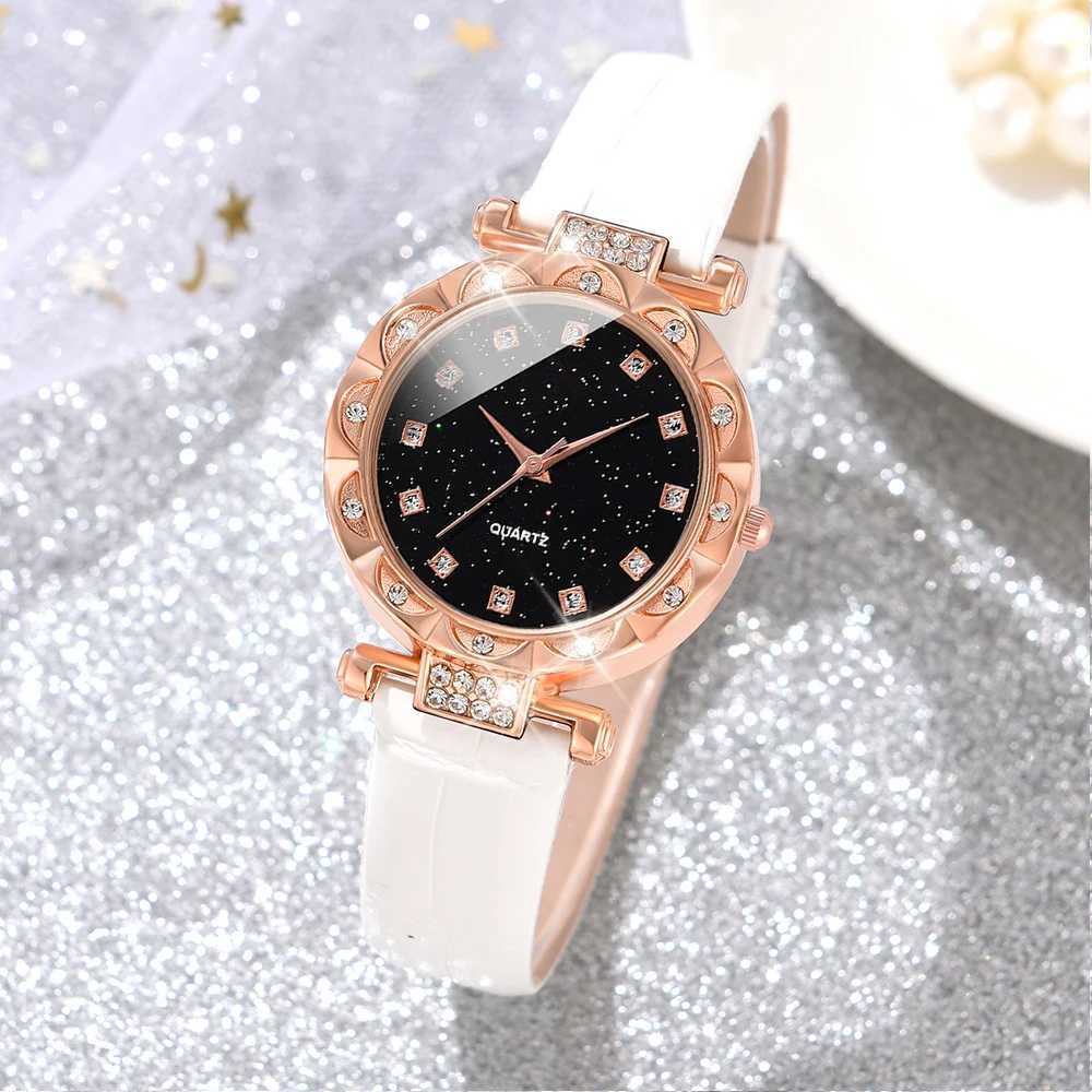 6-piece/set white watch PU strap quartz watch square diamond star sky dial jewelry set X241106