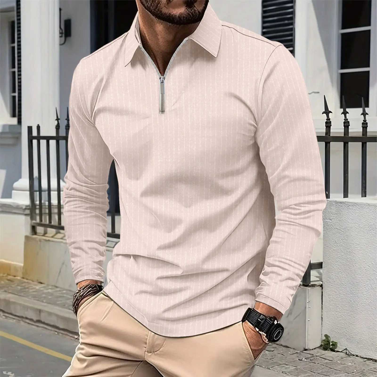 New Cross border European and American Mens Collar Zipper Fashion Slim Stripe Mens T-shirt for 2024 W241106