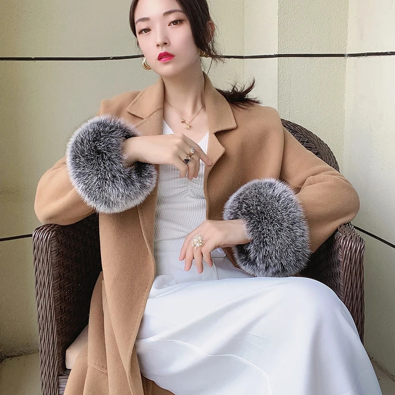 100% real fox fur cuffs winter natural warmth wristband ring womens coat decoration fox fur sleeves bracelet fashionable arm warmth gloves 241106