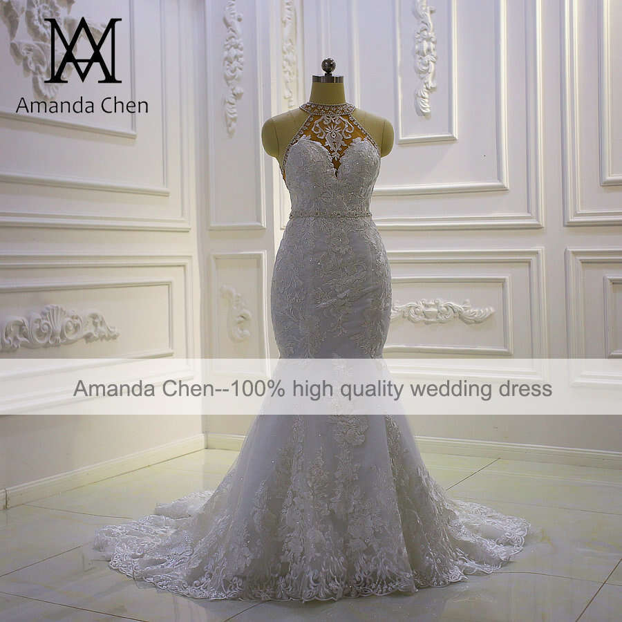 robe ceremonie femme Halter Lace Appliques Mermaid Wedding dress