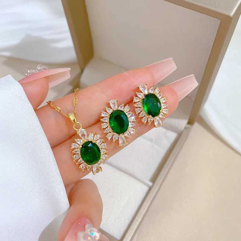Premium Velvet Zircon Jewelry Set Stainless Steel Fashion Flower Pendant Necklace Earrings Party Gift X241106