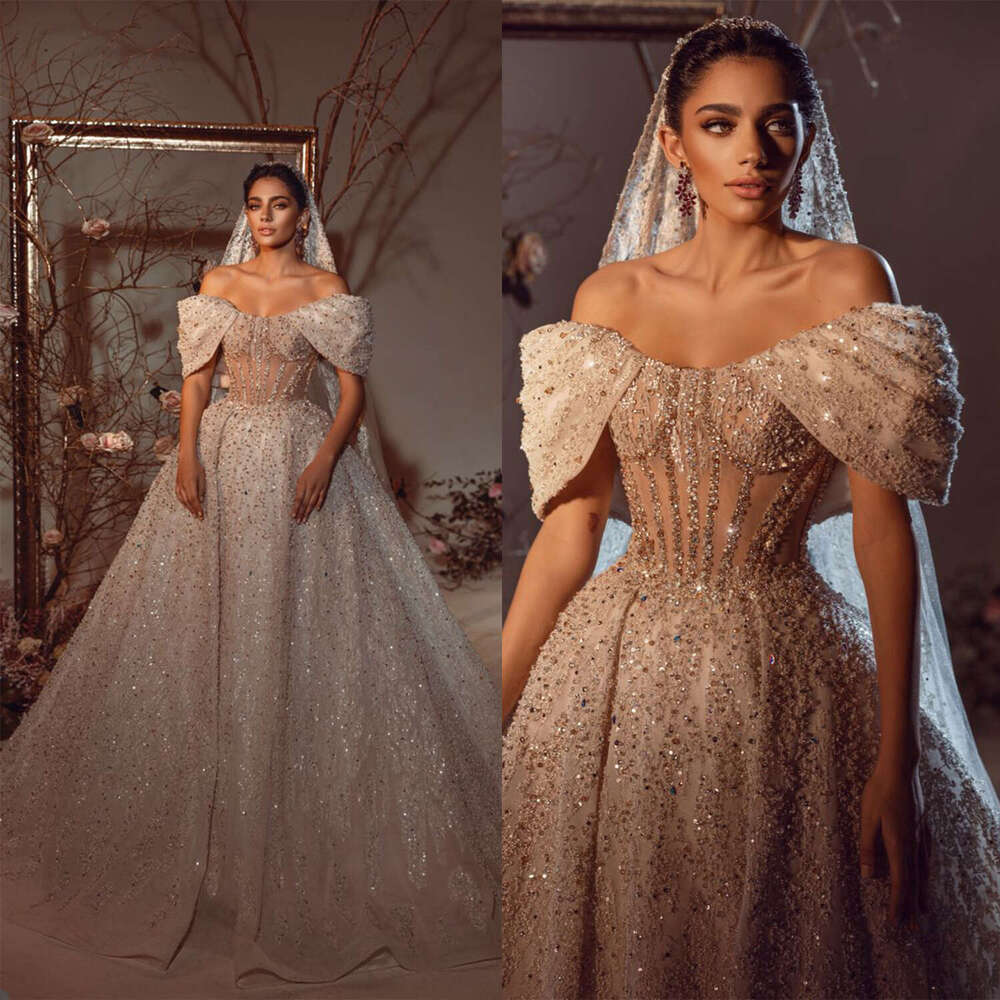 Arabic Dubai A Line Wedding Dresses With Beads Crustals Eleant Off Shoulder Cap Sleeve Lace Appliques Bridal Gown Sweep Train Vestidos De Novia Custom