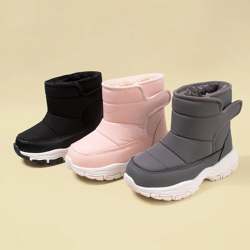 Winter Waterproof Fabric Big Kids Fleece Snow Boots Children Warm Chunky Sole Casual Plush Boots EKF75 241106
