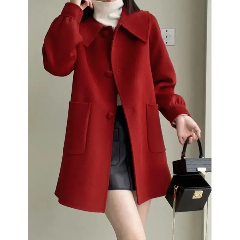 Fashion Blended Woolen Coat Womens 2024 Autumn Winter Christmas Red Singlebreasted Slim Wool Jacket Outwear Plus Size 241105