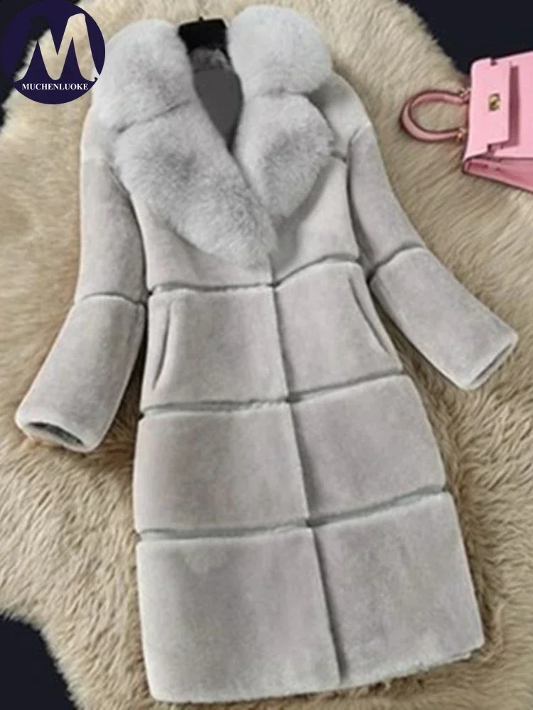 Fur Coat Women Autumn Winter Elegant Fox Hair Collar Warm Korean Fashion Slim Fit Artificial Plush Coats 241104