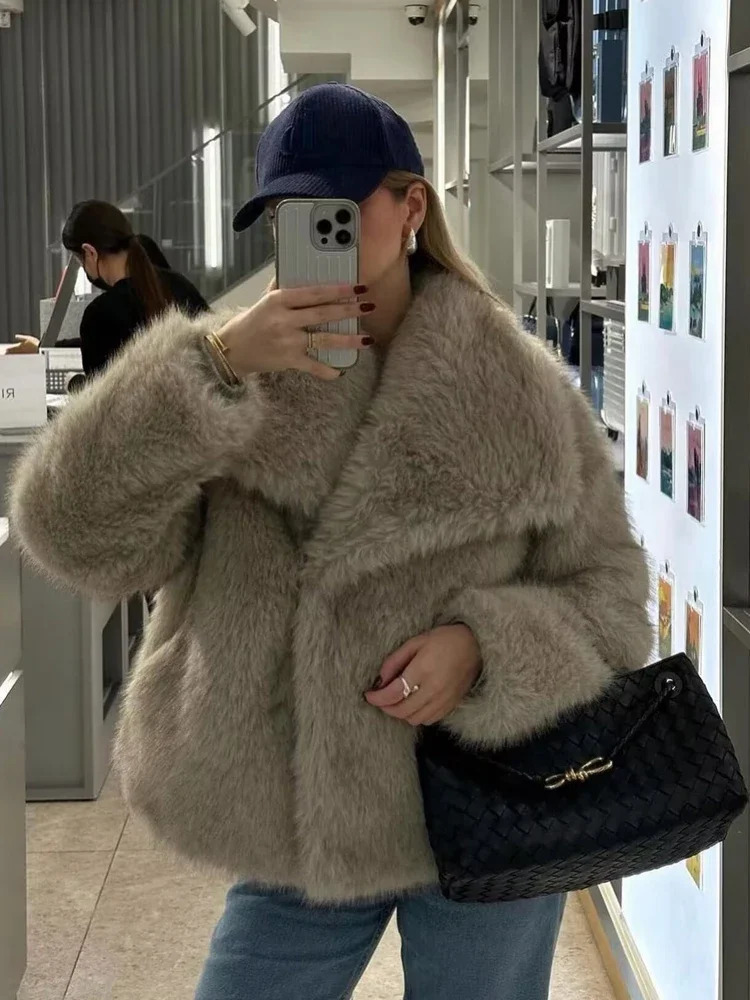 TRAF Faux Fur Coat Plush Fluffy Womens Jacket 2024 Woman Autumn Winter in Outerwears White Red Gray Black Wool Blends Coats 241106