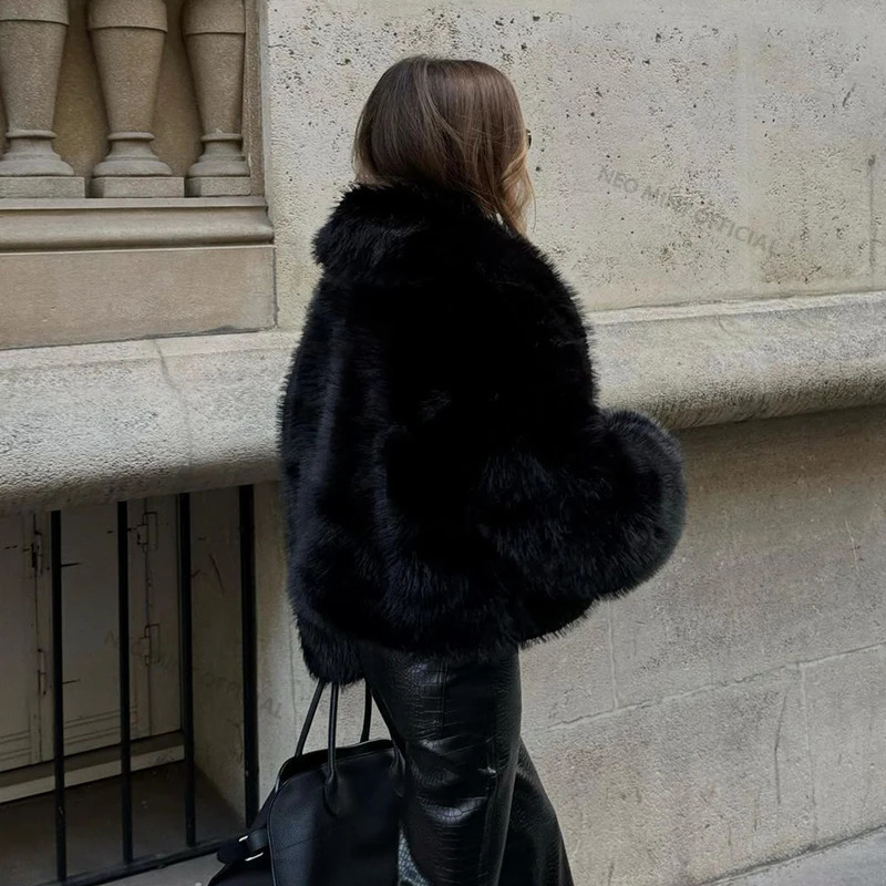 Neo Mint Street Fashion Shawl Collar Faux Fox Fur Coat Women 2024 Winter Cool Black Short Fur Jacket Vintage Chic Overcoat 241106