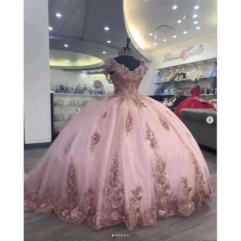 Haute Couture Glitter Rose Pink Quinceanera Dress Mexican Lace rals With Big Bow Sequin Vestidos Para Xv Birthday Party bc19728