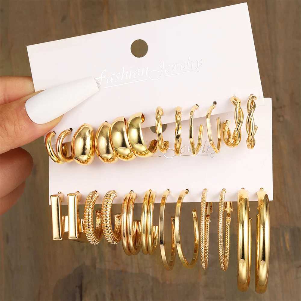 6-24 pairs of retro Geely glossy gold-plated metal pearl ring earrings set suitable for girls daily round earrings and jewelry X241106