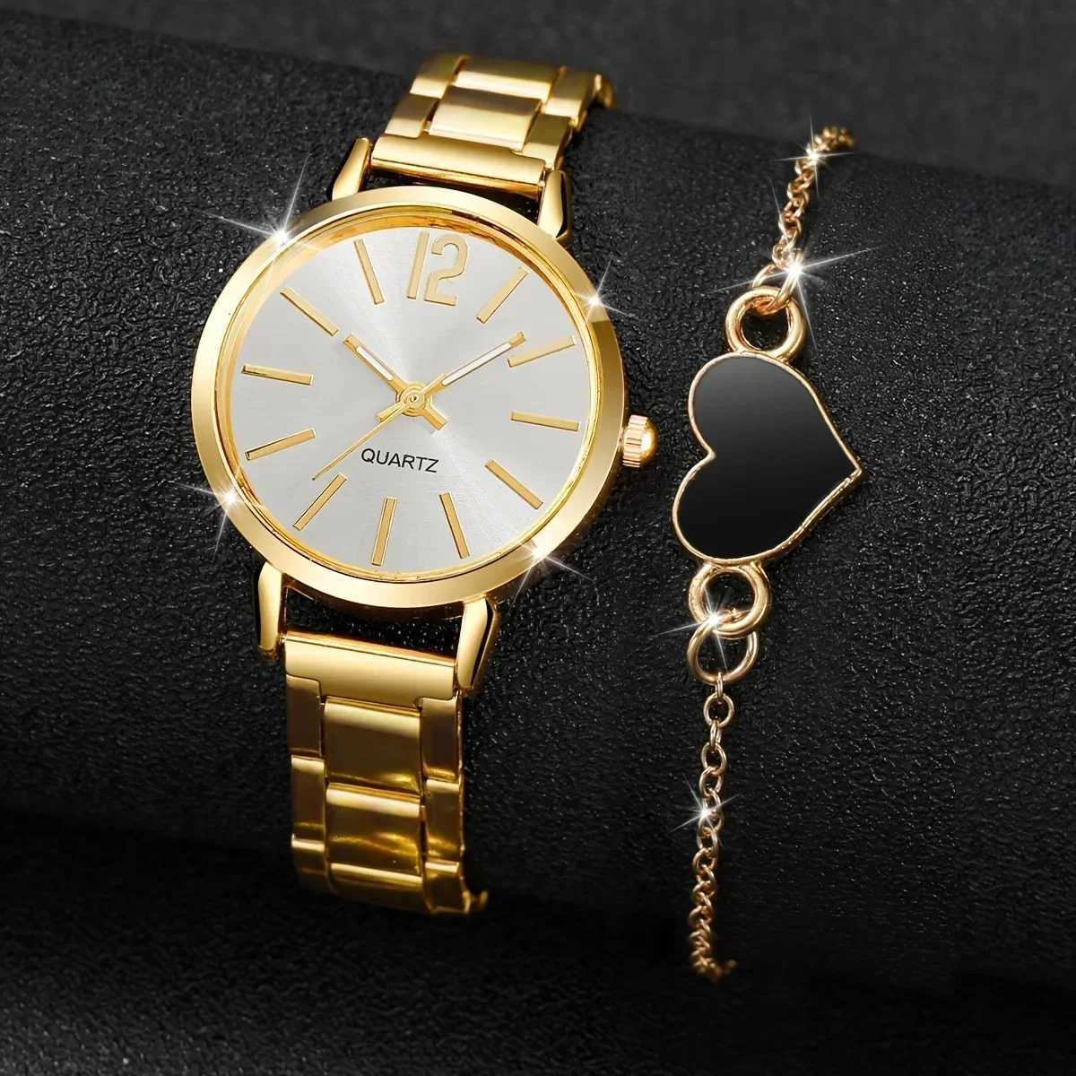 Elegant gold watch luxurious and fashionable womens watch 2-piece business and fashionable quartz watch charming bracelet set gift X241106