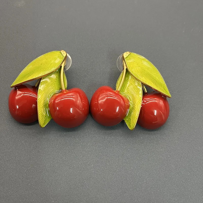 European and American fashion trends Sweet cute fresh red cherry green leaf necklace earrings jewelry set 241106