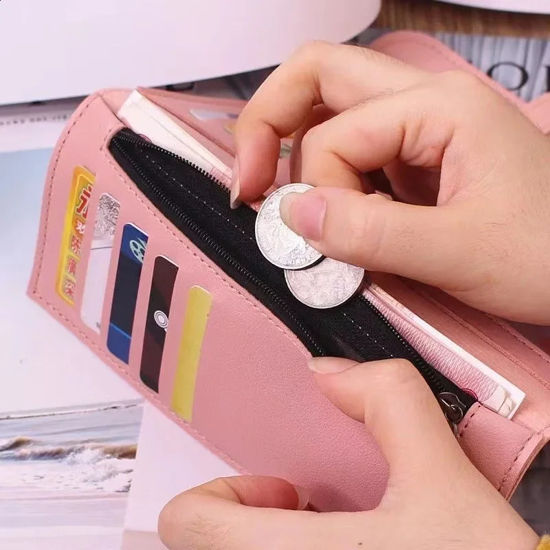 2024 Leather Women Wallets Long Hasp Foldover Pattern Coin Purses Female Solid Colors Thin Clutch Phone Bag 241029