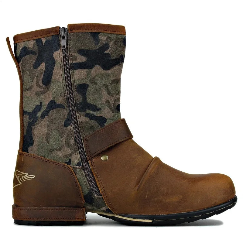 Retro mens mid-range boots with buckle edges and zipper mens horseback riding sports shoes autumn and winter non slip boots western casual cowboy boot