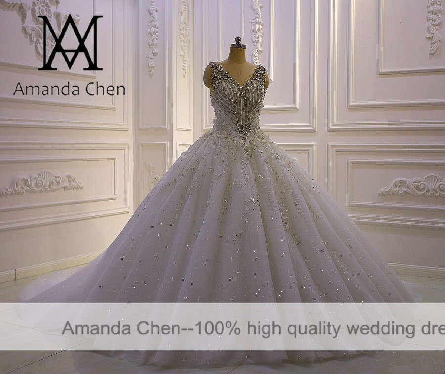 robe de mariee Cap Sleeve Crystal Beads 3D wers Wedding Dress