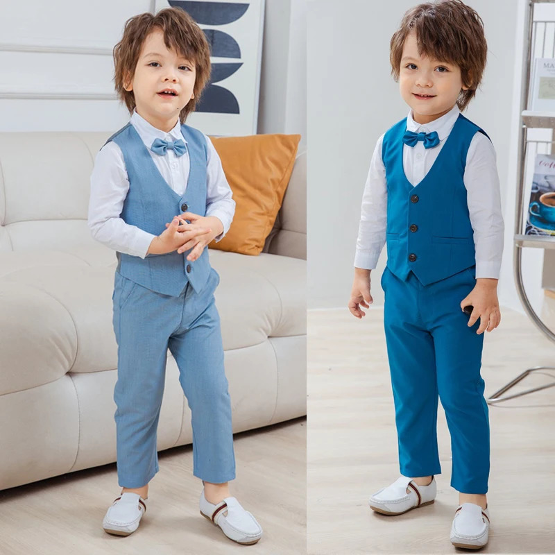 Birthday Costume for Boy Gentleman Outfits Children Spring Autumn Boutique Clothing Set Solid Vest Suit Kids Cotton Formal Wears 241106