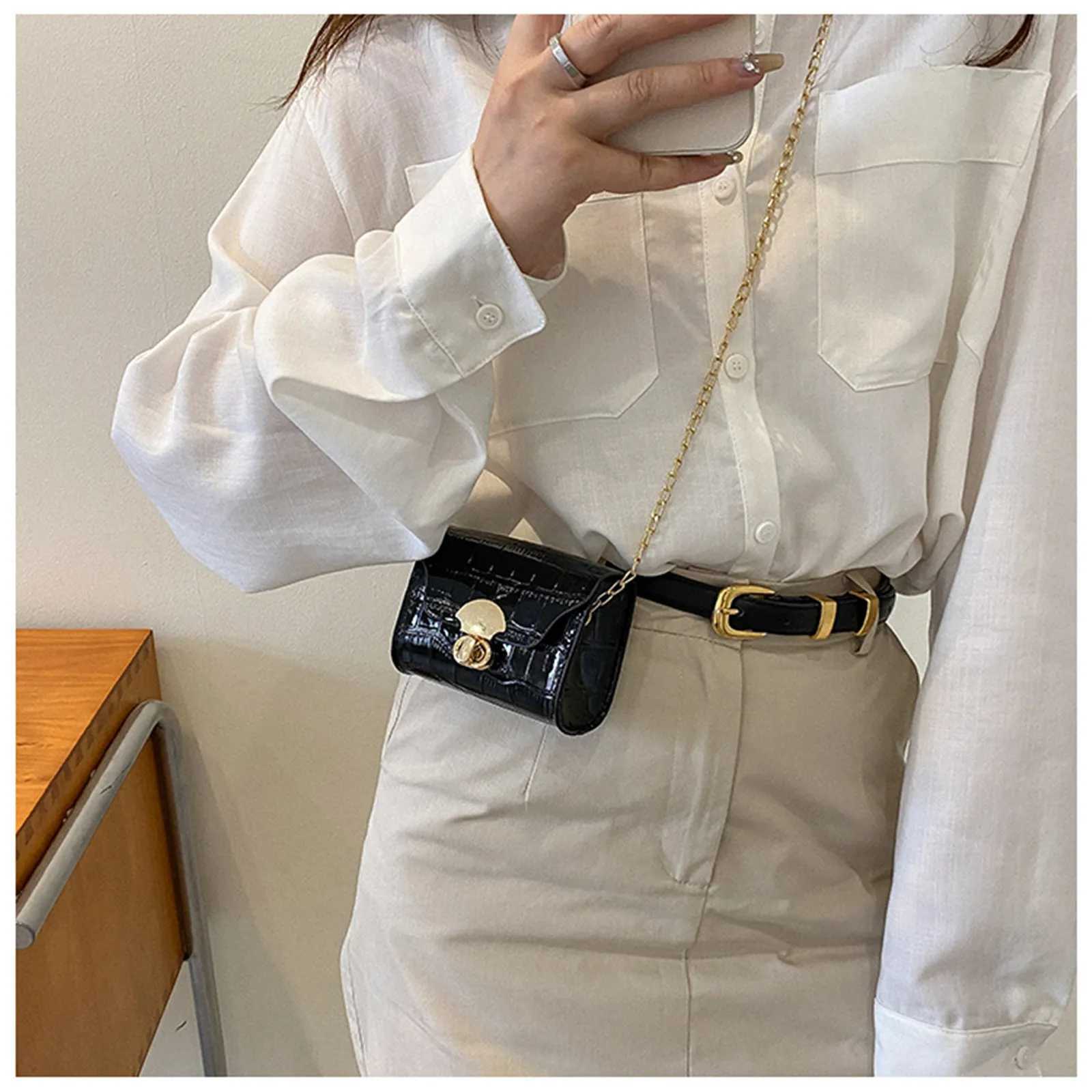 Korean Style Leather Bright Surface Shoulder Bag Chain Mini Crossbody Bag Fashion Metal Buckle Girl Small Wallet Lipstick PouchC241216