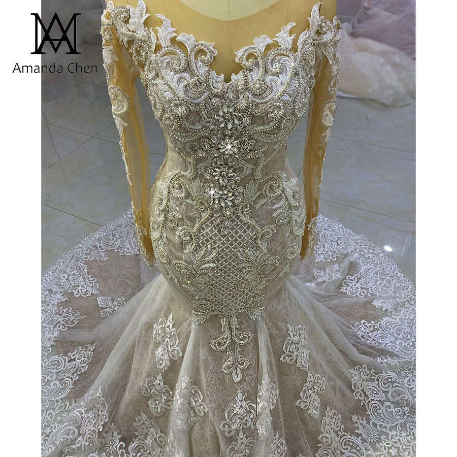 robe mariee Long Sleeve Handwork Crystal Rhie Mermaid Wedding Dress